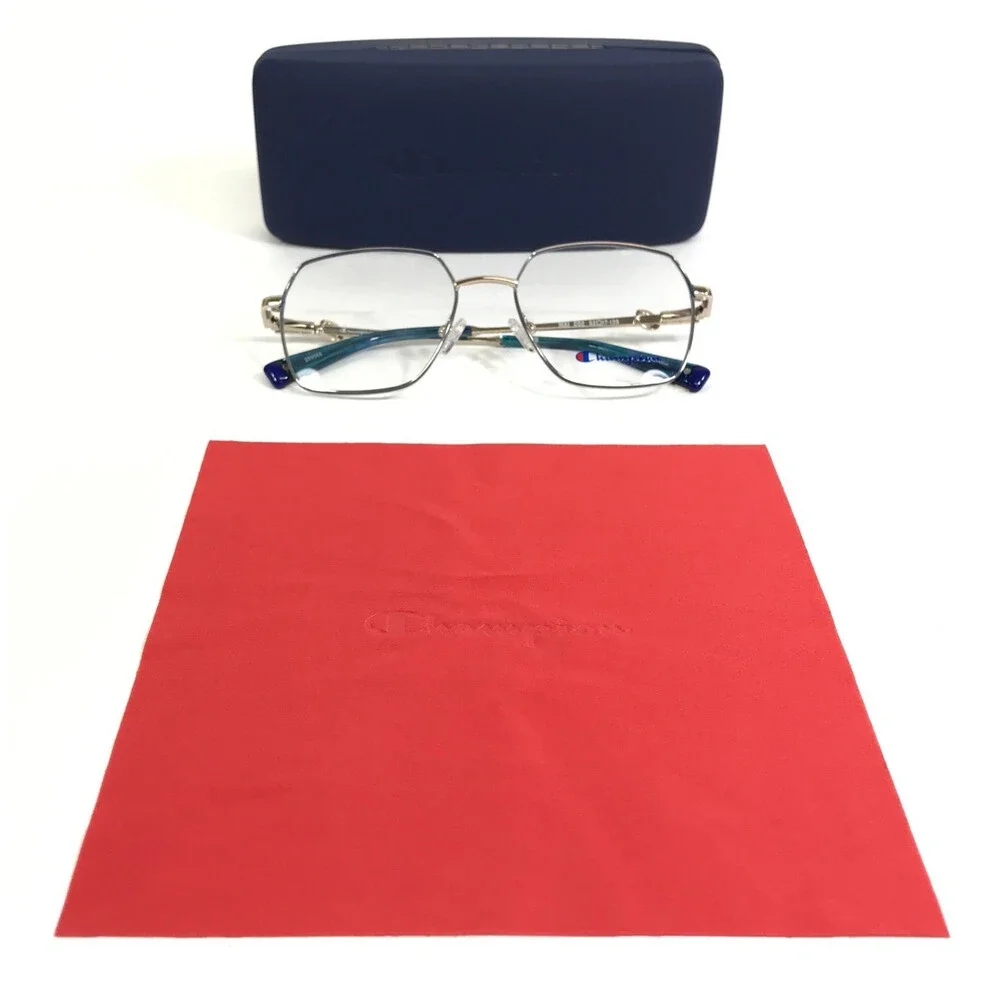 Champion Eyeglasses Frames MAI C02 Blue Silver Hexagonal Wire Rim 52-17-135